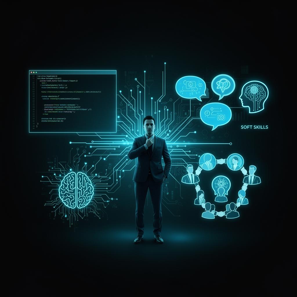 Profissional conectado a tecnologia, IA e soft skills em ambiente digital.